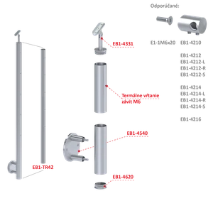 Nerezový sloup, boční kotvení, bez výplně, 5 řadový se závitem M6, vnější, vrch nastavitelný, (ø 42.4x2mm) broušená nerez K320 /AISI304 - slide 1