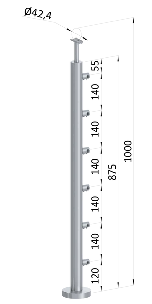 nerezový stĺp, vrchné kotvenie, 6 radový, priechodný, vrch pevný (ø 42.4x2mm), brúsená nerez K320 /AISI304 - slide 0
