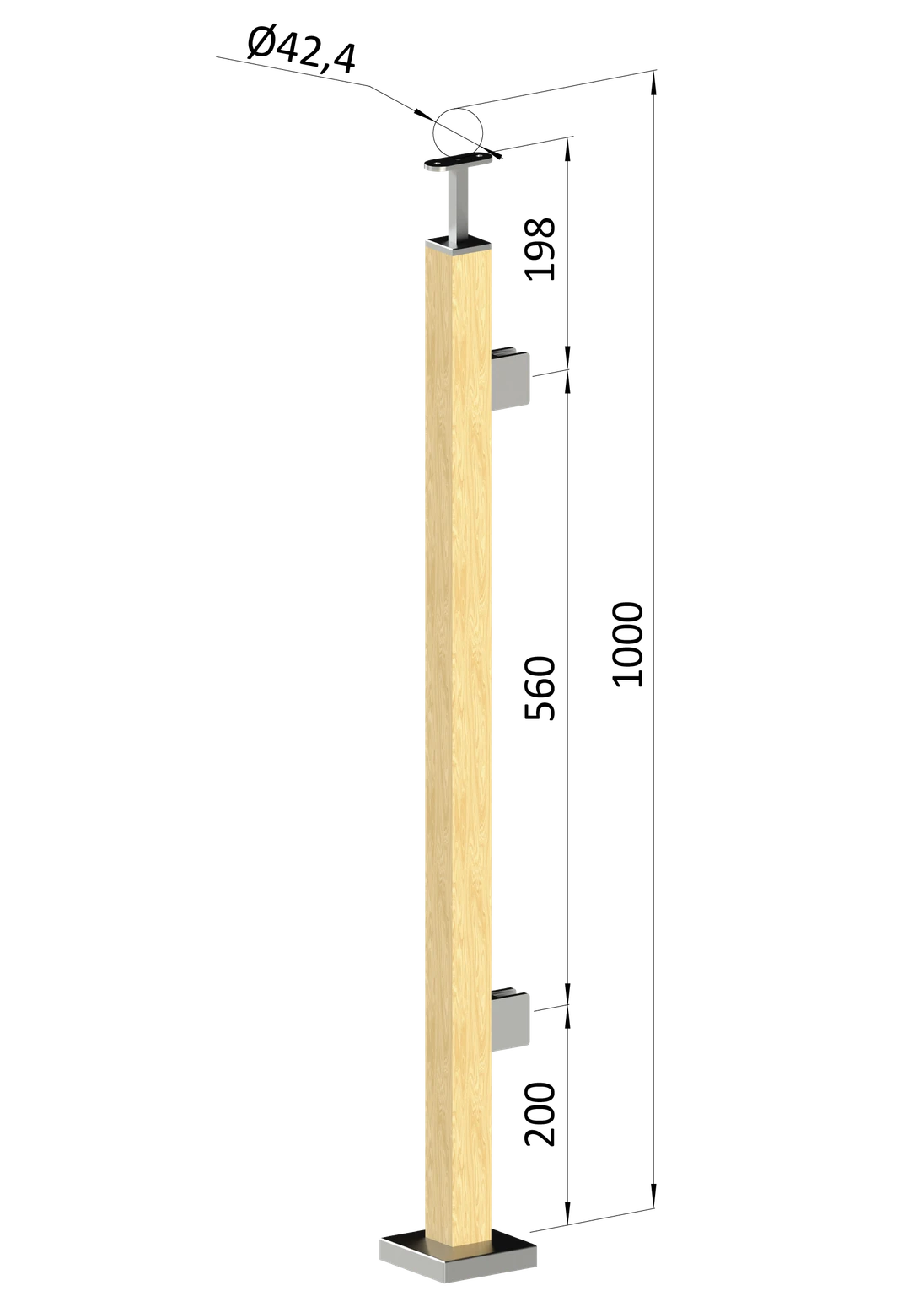 Dřevěný sloup, vrchní kotvení, výplň: sklo, pravý