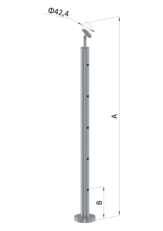 Nerezový sloup, vrchní kotvení, 5 děrový průchodný, vrch nastavitelný (ø 42,4x2 mm), broušená nerez K320 / AISI304