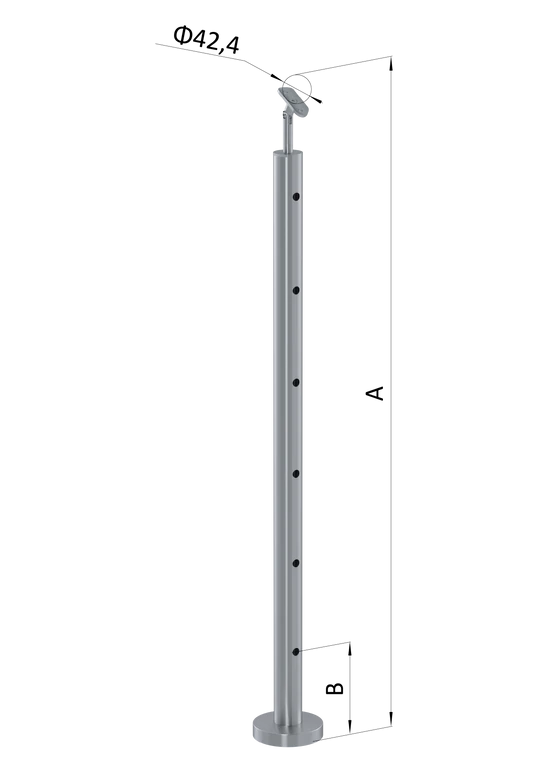 Nerezový sloup, vrchní kotvení, 6 děrový průchodný, vrch nastavitelný (ø 42,4x2 mm), leštěná nerez / AISI304