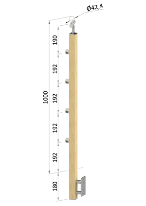 Dřevěný sloup, boční kotvení, 4 řadový, průchozí, vnější, vrch nastavitelný, (40x40 mm), materiál: buk, broušený povrch s nátěrem BORI (bezbarvý) - slide 0