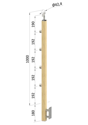 Dřevěný sloup, boční kotvení, 4 řadový, průchozí, vnější, vrch nastavitelný, (40x40 mm), materiál: buk, broušený povrch s nátěrem BORI (bezbarvý) - slide 0