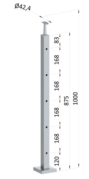 nerezový stĺp, vrchné kotvenie, 5 dierový priechodný, vrch pevný (40x40 mm), brúsená nerez K320 /AISI304 - slide 0