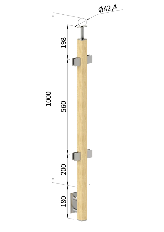 dřevěný sloup, boční kotvení, výplň: sklo, průchozí, vrch pevný (40x40mm), materiál: buk, broušený povrch s nátěrem BORI (bezbarvý)