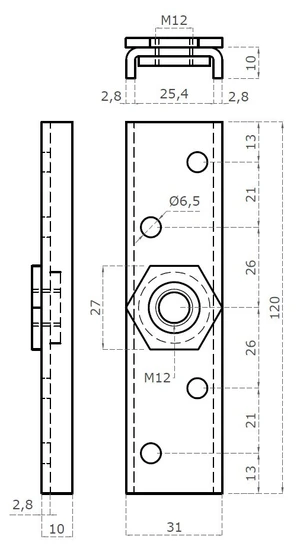 lišta pre uchytenie vozíka C750M, C752M, lisovaná otočná matica, závit M12 - slide 2