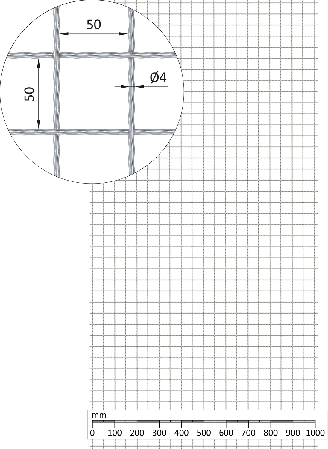 Žebírkové pletené síto - rovné, oko: 50x50mm, průměr pletiva ø4mm, rozměr 1000x2000mm, pozinkované