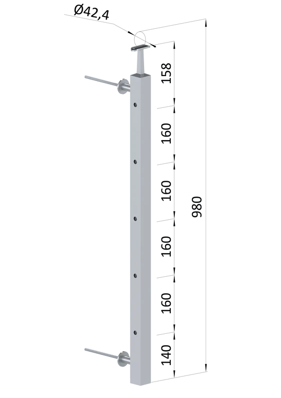 nerezový stĺp na francúzsky balkón, bočné kotvenie, 5 dierový, ľavý, vrch pevný, (40x40x2.0mm), brúsená nerez K320 /AISI304