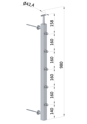 Nerezový sloup na francouzský balkón, boční kotvení, 5 řadový, průchozí, vrch pevný, (40x40x2.0 mm), broušená nerez K320 /AISI304 - slide 0