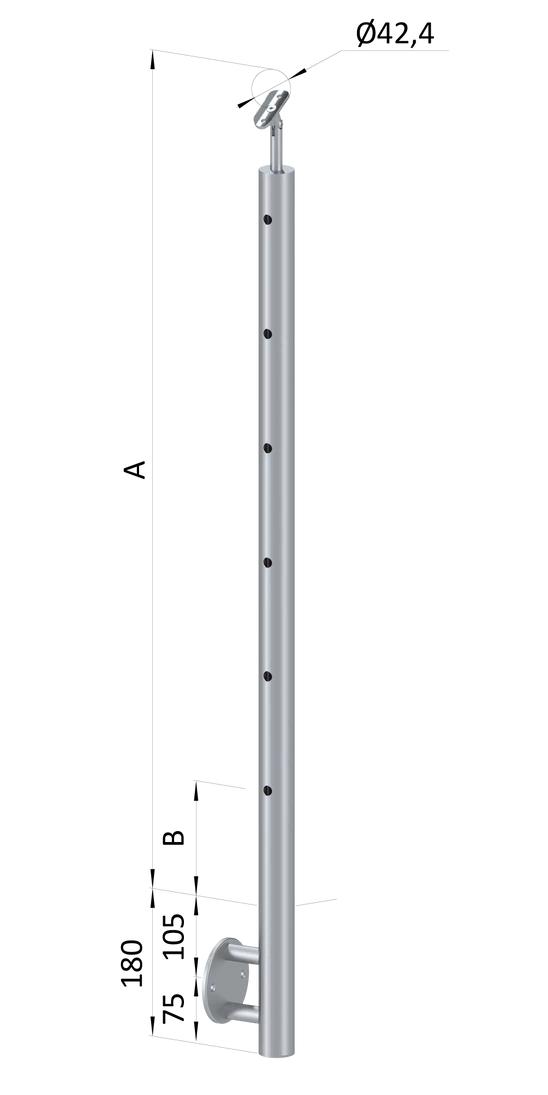 nerezový stĺp, bočné kotvenie, 6 dierový koncový, ľavý, vrch nastaviteľný (ø 42.4x2mm), brúsená nerez K320 /AISI316