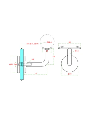 Držák madla pevný na trubku ø 42.4mm, s uchycením na sklo 6-21,52mm, broušená nerez K320 /AISI304 - slide 1