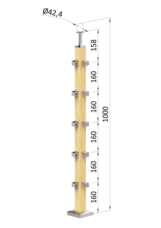 drevený stĺp, vrchné kotvenie, 5 radový, rohový: 90°, vrch pevný (40x40mm), materiál: buk, brúsený povrch s náterom BORI (bezfarebný)