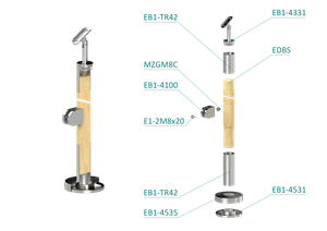 dřevěný sloup, vrchní kotvení, výplň: sklo, levý, vrch nastavitelný (ø 42mm), materiál: buk, broušený povrch s nátěrem BORI (bezbarvý) - slide 1