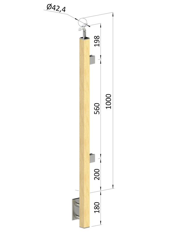 drevený stĺp, bočné kotvenie, výplň: sklo, koncový, pravý, vrch nastaviteľný (40x40mm), materiál: buk, brúsený povrch s náterom BORI (bezfarebný)