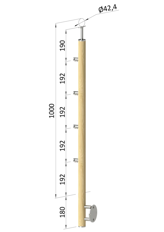 drevený stĺp, bočné kotvenie, 4 radový, priechodný, vonkajší, vrch pevný (ø 42mm), materiál: buk, brúsený povrch s náterom BORI (bezfarebný)