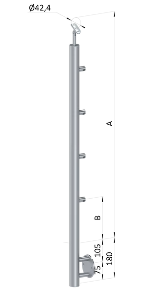 nerezový stĺp, bočné kotvenie, 4 radový priechodný, vnútorný, vrch nastaviteľný, (ø 42.4x2mm), brúsená nerez K320 /AISI304 - slide 0
