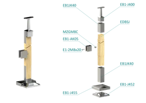 drevený stĺp, vrchné kotvenie, výplň: sklo, ľavý, vrch pevný (40x40mm), materiál: buk, brúsený povrch bez náteru - slide 1