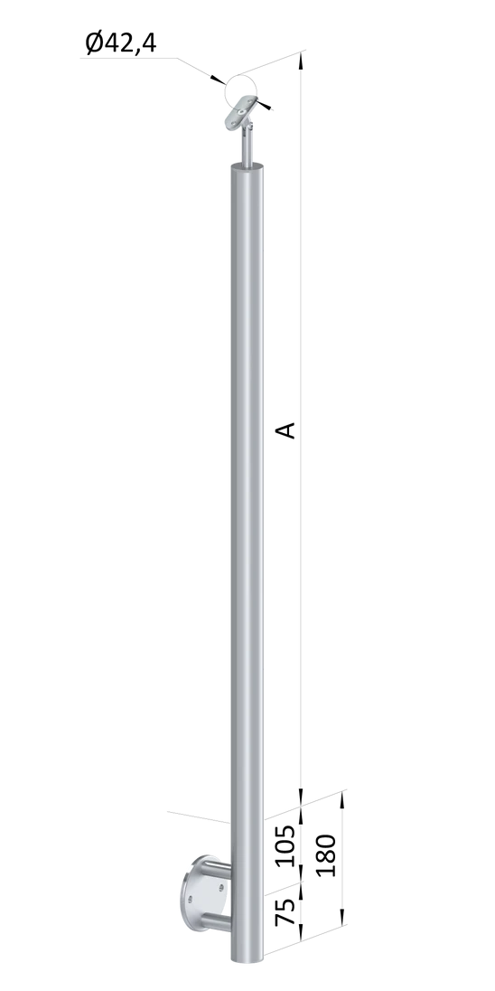 nerezový stĺp, bočné kotvenie, bez výplne, vrch nastaviteľný (ø 42.4x2mm), brúsená nerez K320 /AISI316