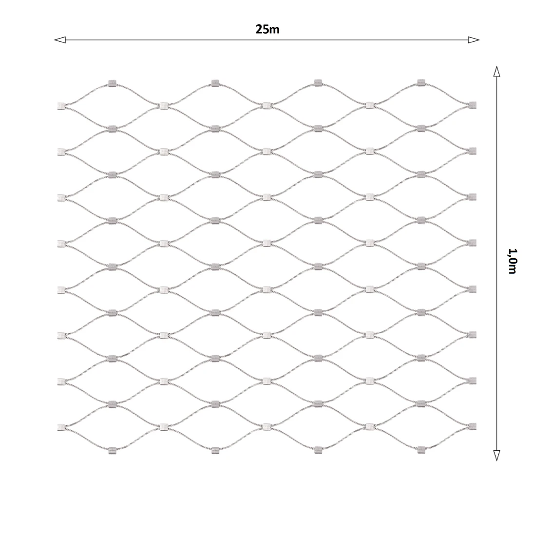 Nerezová lanková sieť, 1,0m x 25m (šxd), oko 50x50 mm, hrúbka lanka 2mm, AISI316 (V nerozloženom stave má sieť 29,1m)