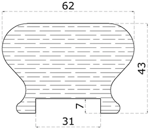 Dřevěný profil (62x43 mm / L: 3000 mm), materiál: buk, broušený povrch bez nátěru, balení: PVC fólie, průběžný materiál - slide 1