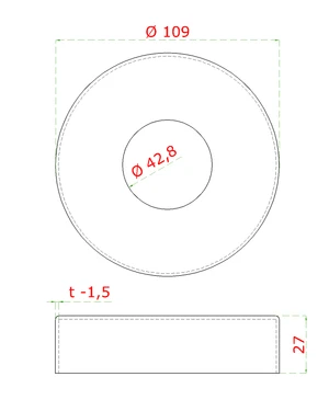 Kryt příruby (ø 109/27 mm) na trubku ø 42,4 mm (otvor ø 43 mm), broušená nerez K320 / AISI304 - slide 1