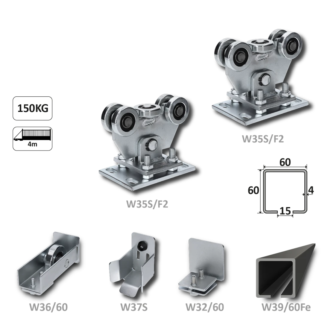 Samonosný systém 60x60x4mm pro posuvné brány do 150kg / 4m průjezd (W39/60Fe 6m čierný profil, 1x W-SET60/F2)