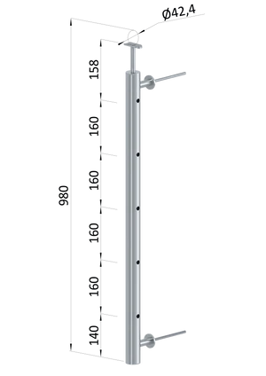 nerezový stĺp na francúzsky balkón, bočné kotvenie, 5 dierový, pravý, vrch pevný, (ø 42.4x2mm), brúsená nerez K320 /AISI304 - slide 0