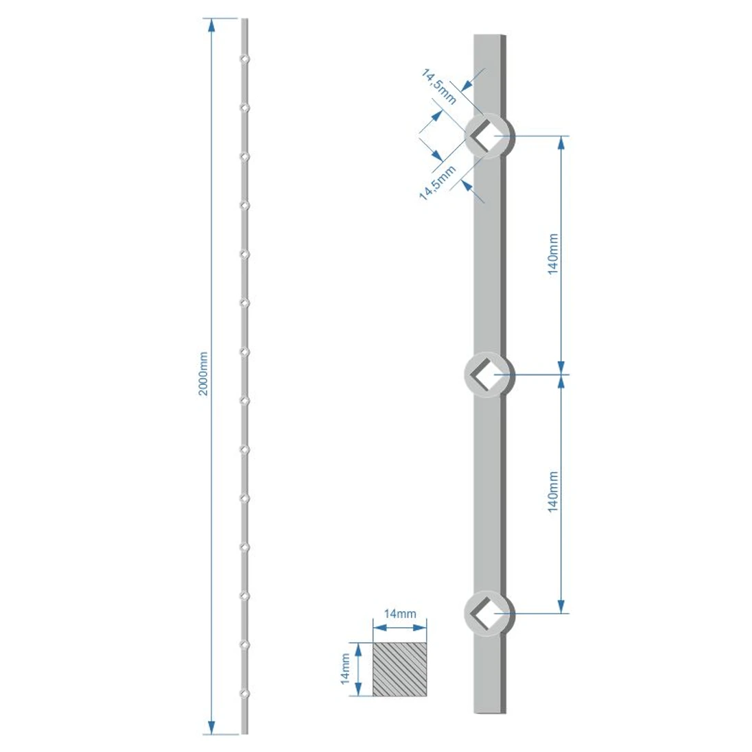 tyč 2m opieskovaná, profil 14mm, rozteč 140mm, oko 14,5mm