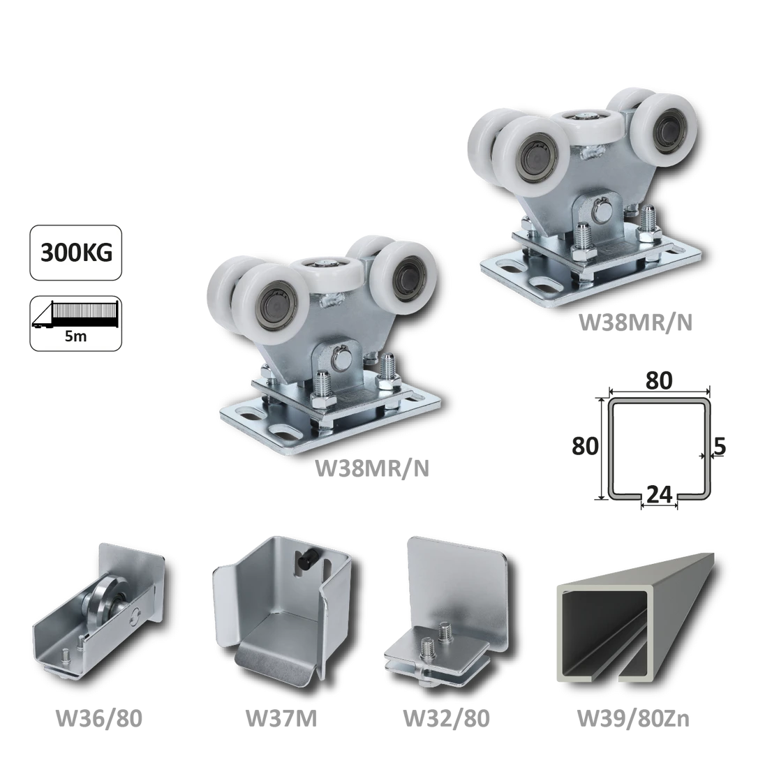samonosný systém 80x80x5mm posuvnej brány do 300kg/5m otvor (W39/80Zn 6m pozinkovaný profil, 2x W35MR/N, 1x W36/80, 1x W37M, 1x W32/80)