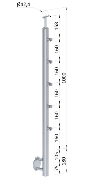 nerezový stĺp, bočné kotvenie, 5 radový priechodný, vonkajší, vrch pevný (ø 42.4x2mm), leštená nerez /AISI304 - slide 0