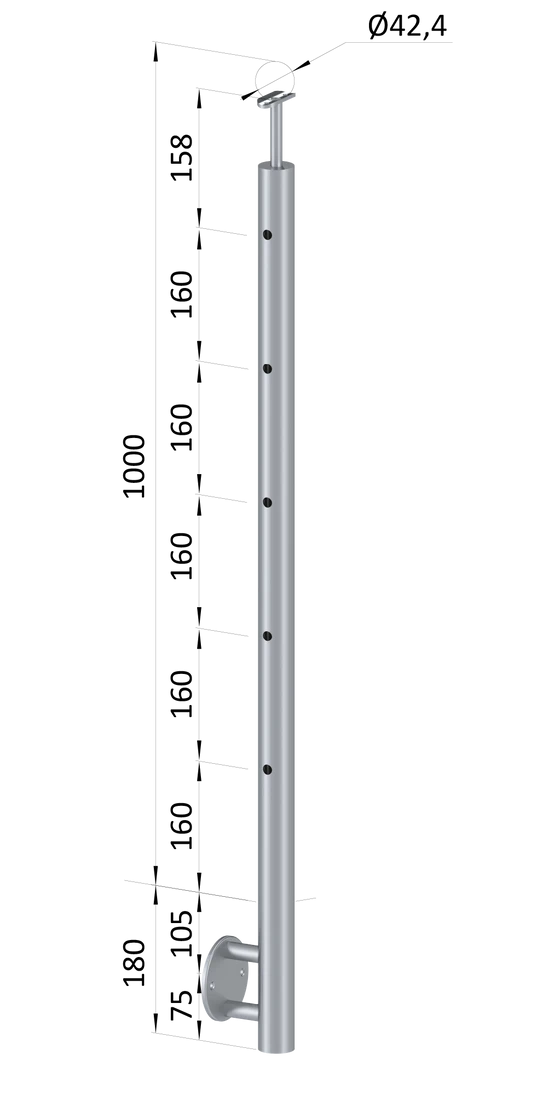Nerezový sloup, boční kotvení, 5 děrový koncový, levý, vrch pevný (ø42,4x2 mm), broušená nerez K320 / AISI304