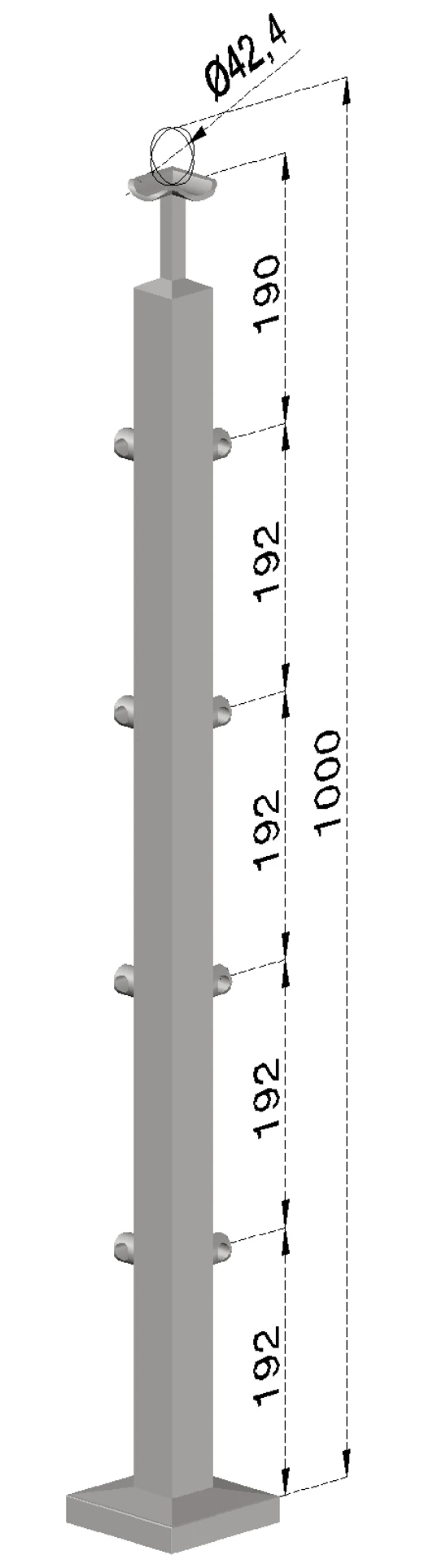 nerezový stĺp, vrchné kotvenie, 4 radový rohový, vrch pevný (40x40mm), brúsená nerez K320 /AISI304