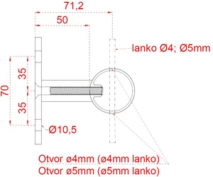 nerezový stĺp, bočné kotvenie, 6 dierový priechodný na lanko, vrch pevný (ø 42.4x2mm), brúsená nerez K320 /AISI304 - slide 3