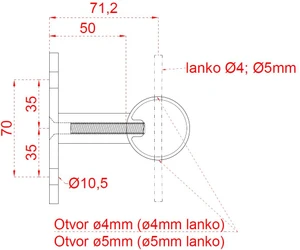 Nerezový stĺp, bočné kotvenie, 6-dierový, lanko, priechodný - slide 3