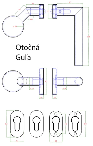 Klika levá + koule, vyhnutá včetně spodní rozety, nerez - slide 2