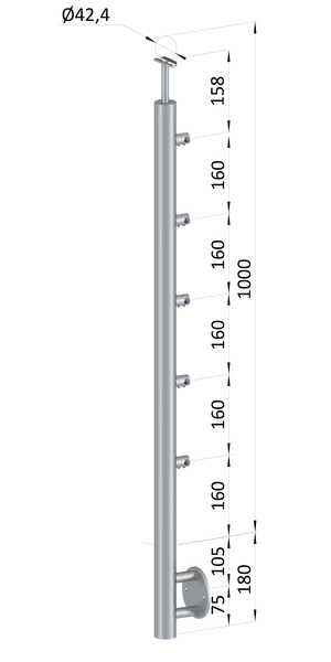 nerezový stĺp, bočné kotvenie, 5 radový priechodný, vnútorný, vrch pevný, (ø 42.4x2mm), brúsená nerez K320 /AISI304 - slide 0