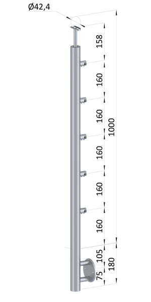 Nerezový sloup, boční kotvení, 5 řadový průchodný, vnitřní, vrch pevný (ø 42,4x2 mm), broušená nerez K320 / AISI304 - slide 0