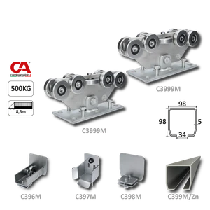 MEDIO-9 samonosný systém 98x98x5 mm pro posuvné brány do 500 kg / 8,5 m průjezd (C399M/Zn 1x 6 m pozinkovaný profil, C3999M 2 ks, C396M 1 ks, C397M 1 ks), intenzivní provoz - slide 1