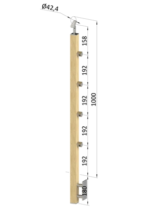 drevený stĺp, bočné kotvenie, 4 radový, priechodný, vnútorný, vrch nastaviteľný (40x40mm), materiál: buk, brúsený povrch s náterom BORI (bezfarebný) - slide 0