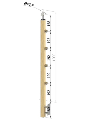 drevený stĺp, bočné kotvenie, 4 radový, priechodný, vnútorný, vrch nastaviteľný (40x40mm), materiál: buk, brúsený povrch s náterom BORI (bezfarebný) - slide 0