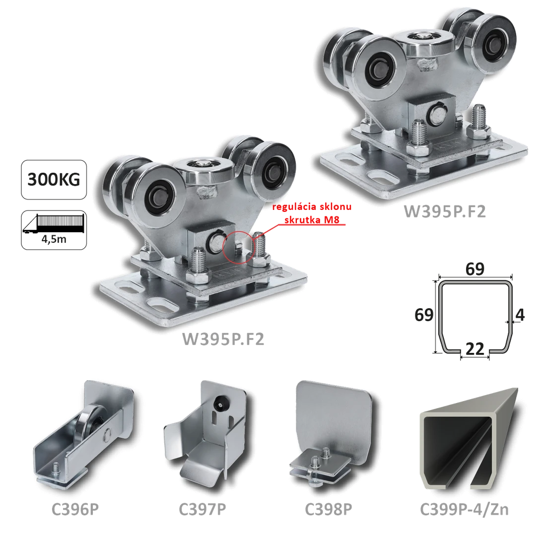 Samonos do 300 kg/4,5 kg, profil 69 x 69 x 4 mm, Zn
