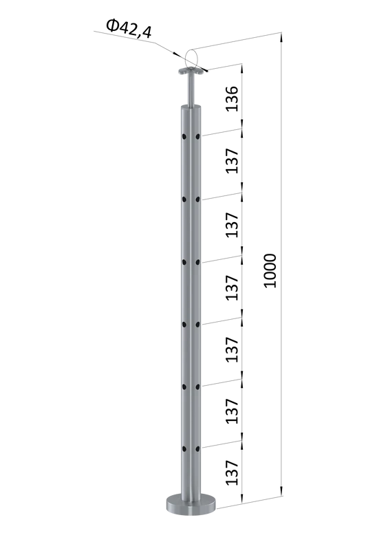Nerezový sloup, vrchní kotvení, 6 děrový rohový: 90°, vrch pevný (ø42,4x2 mm), broušená nerez K320 / AISI316