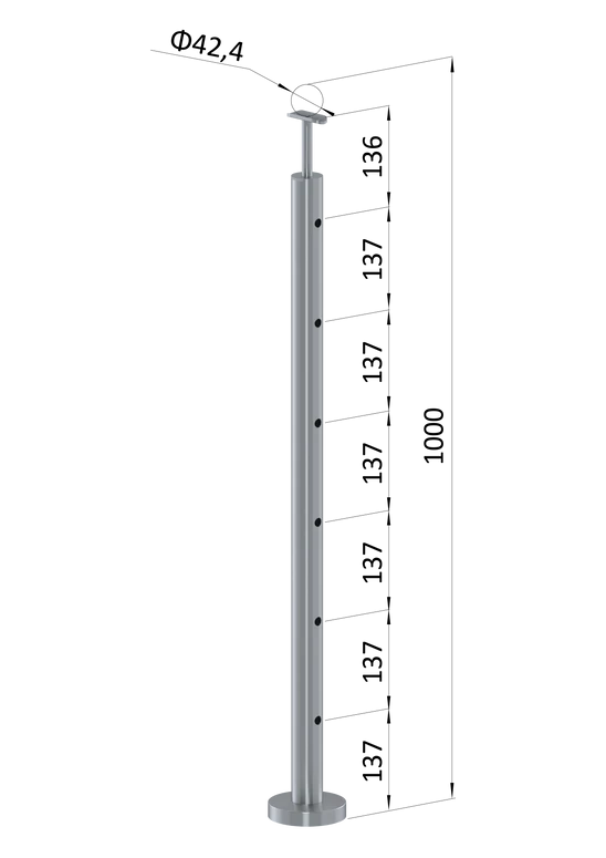 nerezový stĺp, vrchné kotvenie, 6 dierový priechodný, vrch pevný (ø 42.4x2mm), leštená nerez /AISI304