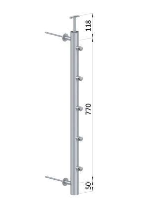 Nerezový sloup na francouzsky balkón, boční kotvení, 5 řadový průchozí, vnější, vrch pevný, (ø 42.4x2 mm), broušená nerez K320 /AISI304 - slide 1