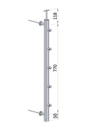 nerezový stĺp na francúzsky balkón, bočné kotvenie, 5 radový priechodný, vrch pevný, (ø 42.4x2mm), brúsená nerez K320 /AISI304 - slide 1