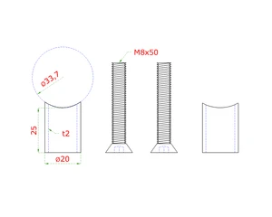 Přechod na vymezení vzdálenosti mezi sloupem ø 33,7 mm a kotevní deskou, ø 20x2,0 mm /L:25 mm, vnitřní šroub: M8x50 mm, broušená nerez K320 / AISI304, bal: 2ks - slide 1