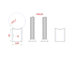 Prechod na vymedzenie vzdialenosti medzi stĺpom ø 33.7mm a kotviacou platňou, ø 20x2.0mm /L:25mm, vnút. skrutka: M8x50mm, brúsená nerez K320 /AISI304, bal: 2ks - slide 1