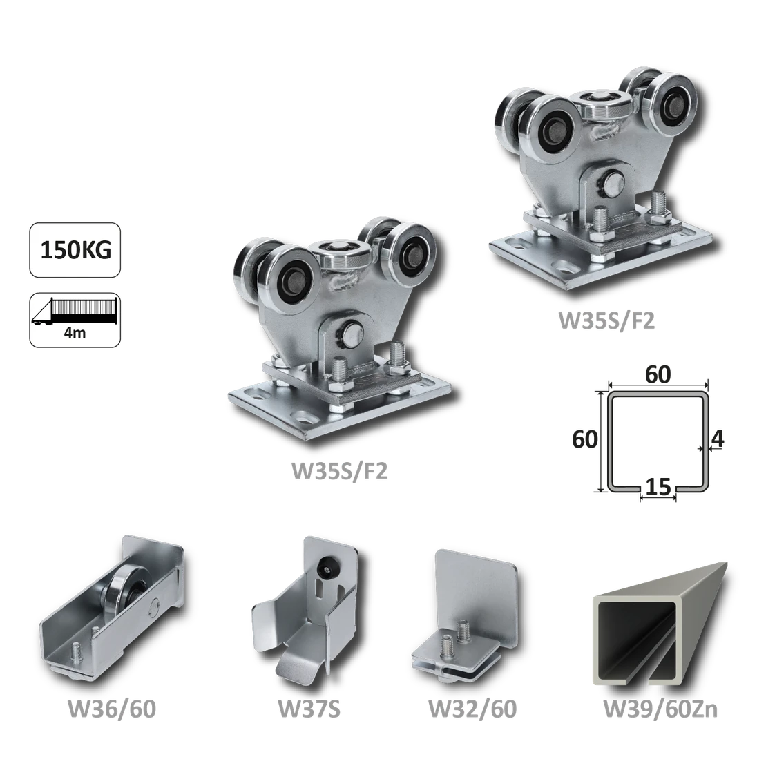Samonosný systém 60x60x4 mm pro posuvné brány do 150 kg / 4 m průjezd (W39/60Zn 6 m pozinkovaný profil, 1x W-SET60/F2)