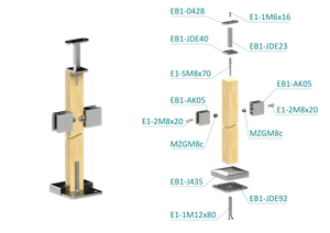 Dřevěný sloup, vrchní kotvení, výplň: sklo, průchozí, vrch pevný (40x40 mm), materiál: buk, broušený povrch s nátěrem BORI (bezbarvý) - slide 1