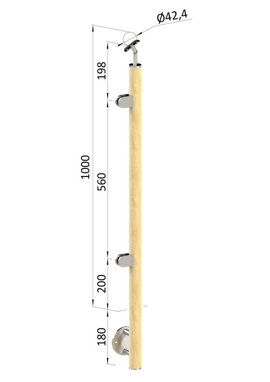 dřevěný sloup, boční kotvení, výplň: sklo, levý, vrch nastavitelný (ø 42mm), materiál: buk, broušený povrch s nátěrem BORI (bezbarvý)